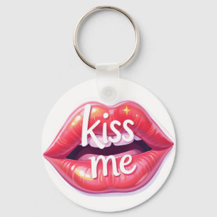 Kiss Me Glossy Red Lips Art Illustration Key Ring