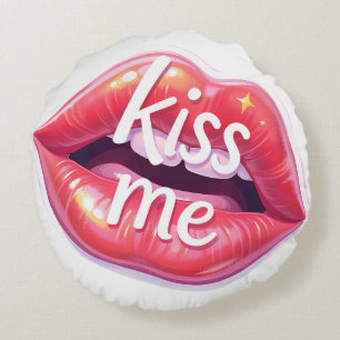 Kiss Me Glossy Red Lips Art Illustration Round Cushion