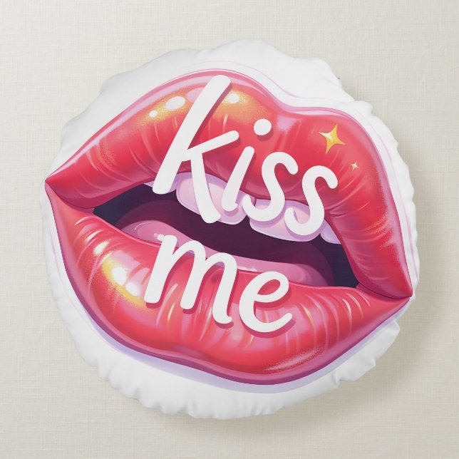 Kiss Me Glossy Red Lips Art Illustration Round Cushion (Back)