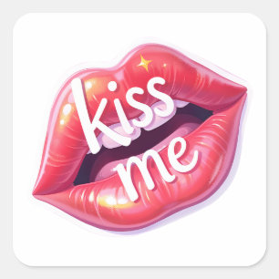 Kiss Me Glossy Red Lips Art Illustration Square Sticker