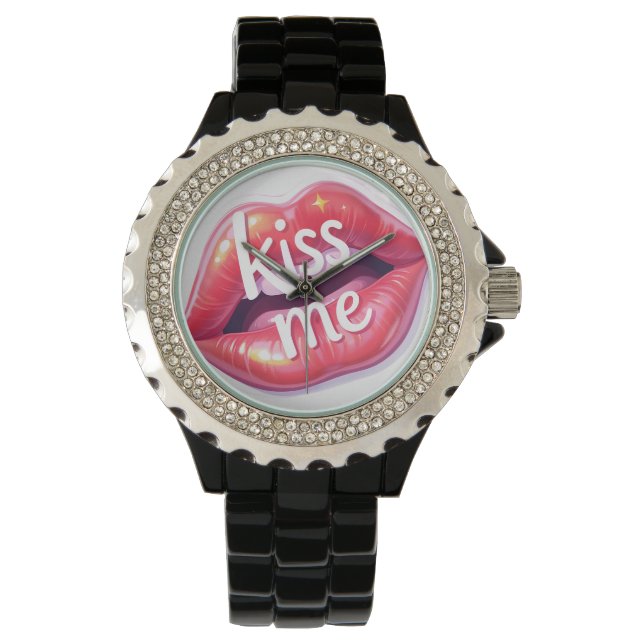 Kiss Me Glossy Red Lips Art Illustration Watch (Front)