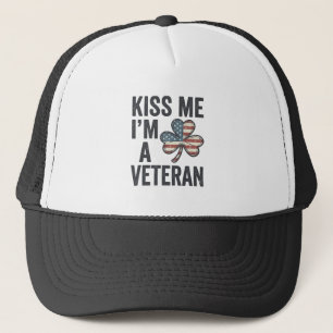 Kiss Me Im a Veteran Shamrock Vintage Shirt Design Trucker Hat