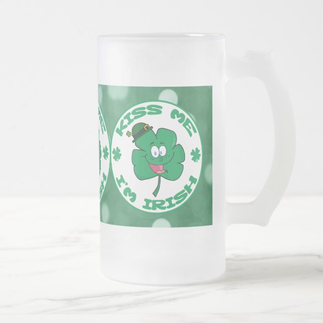 Kiss Me I'm Irish Clover Face Green Bokeh Frosted Glass Beer Mug (Right)