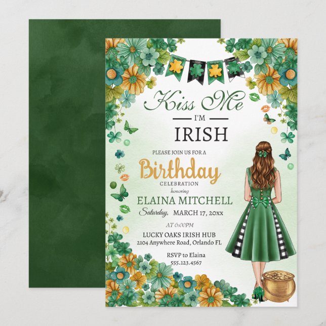 Kiss Me I'm Irish Girl Green Dress St. Patrick's Invitation (Front/Back)