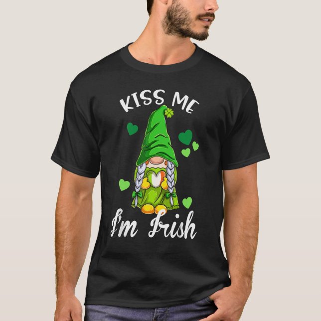 Kiss Me I'm Irish. Gnome Shamrock Clover Saint Pat T-Shirt (Front)