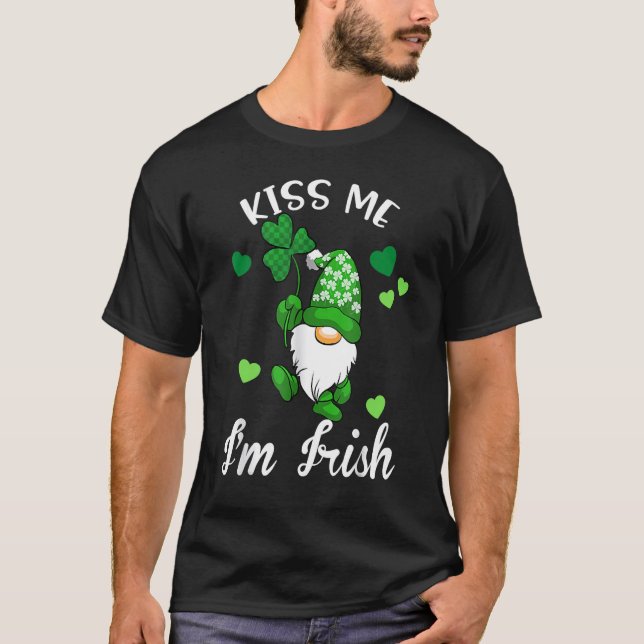 Kiss Me I'm Irish. Gnome Shamrock Clover Saint Pat T-Shirt (Front)