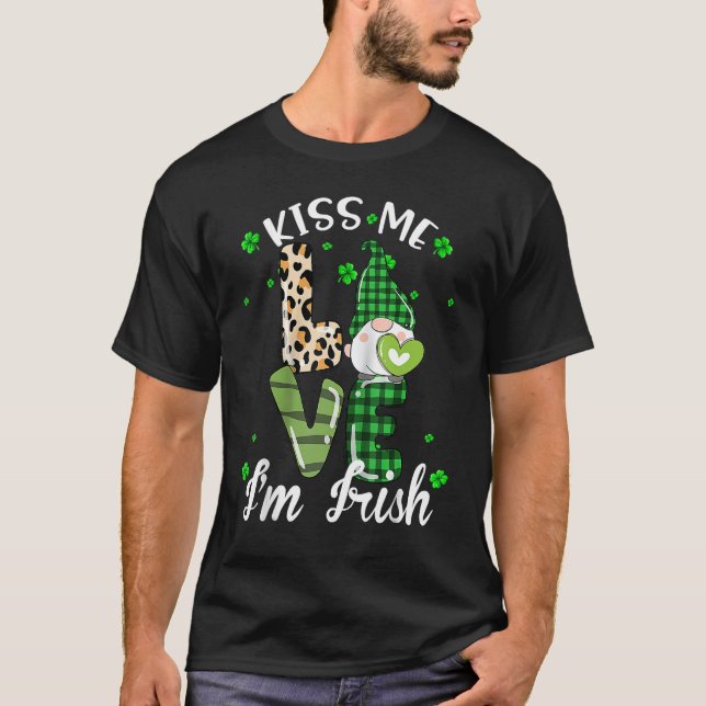 Kiss Me I'm Irish. Gnome Shamrock Clover Saint Pat T-Shirt (Front)