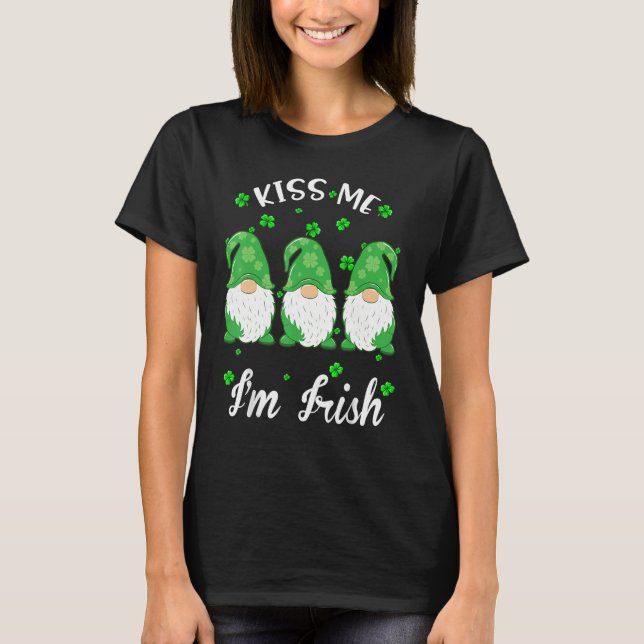 Kiss Me I'm Irish. Gnome Shamrock Clover Saint Pat T-Shirt (Front)