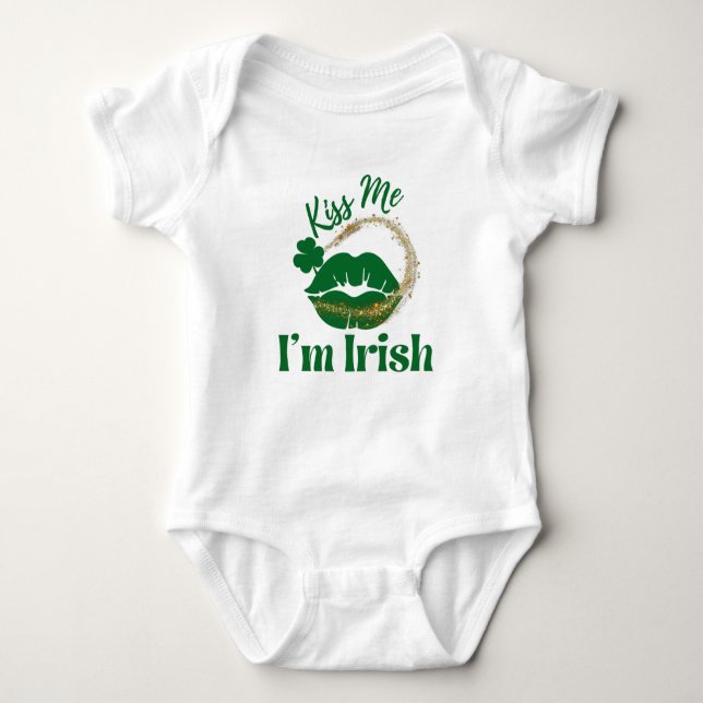Kiss Me I'm Irish Lips And Shamrock Baby Bodysuit (Front)