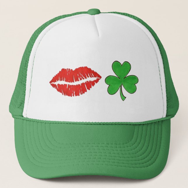 Kiss Me I'm Irish Lips Shamrock St. Patrick's Day Trucker Hat (Front)