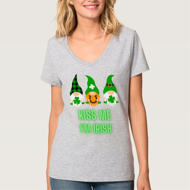Kiss Me I'm Irish St. Patrick's Day Gnome Shamrock T-Shirt (Front)