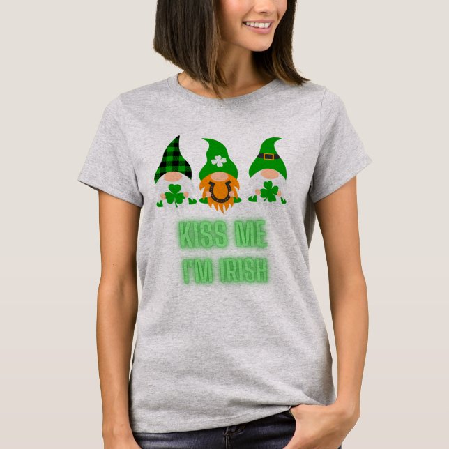 Kiss Me I'm Irish St. Patrick's Day Gnome Shamrock T-Shirt (Front)