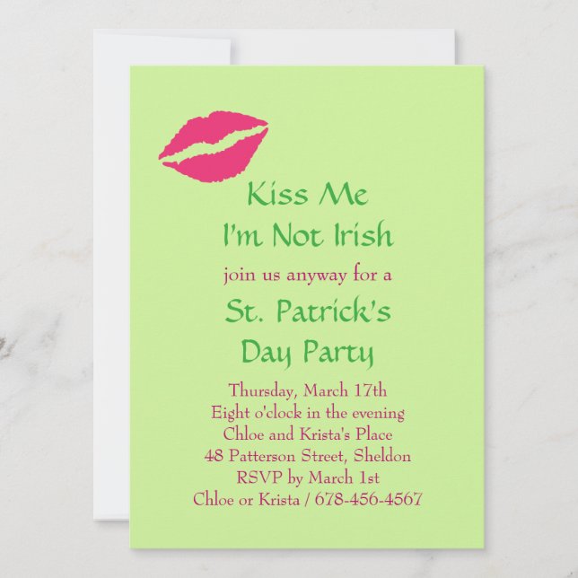 Kiss Me I'm Not Irish Party Invitation - pink (Front)