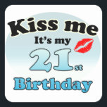 Kiss me it's my 21st Birthday Square Sticker<br><div class="desc">Nice sticker with the text: kiss me it's my 21st birthday. a kiss is shown with red lipstick. And the colors are black and blue. Nice gift to give to someone who has become 21,  or to yourself to show you your birthday</div>