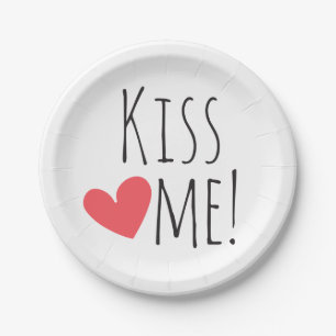 Kiss Me Love Quote Red Heart Wedding Bridal Shower Paper Plate