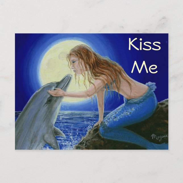 Kiss Me Mermaid & Dolphin Fantasy postcard (Front)