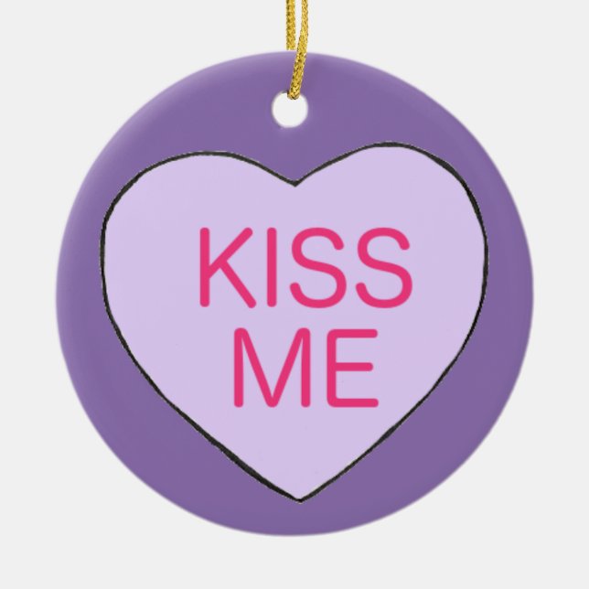 KISS ME Purple Candy Heart Valentine's Day Gift Ceramic Tree Decoration (Front)