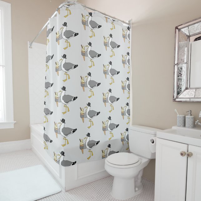 Kiss Me Quick Seaside Seagull Light Gray Shower Curtain (In Situ)