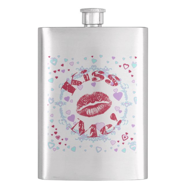 Kiss Me! Red Lips With Hearts Hip Flask (Front)