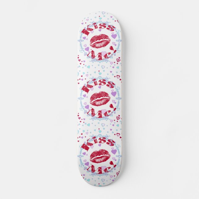 Kiss Me! Red Lips With Hearts Skateboard (Front)