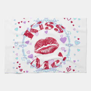 Kiss Me! Red Lips With Hearts Tea Towel