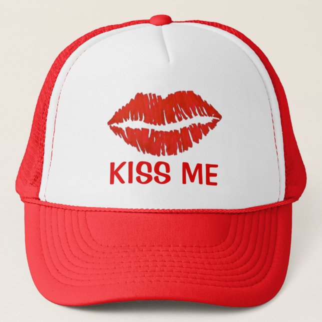 Kiss Me Red Lipstick Lips Love Valentine's Day Trucker Hat (Front)
