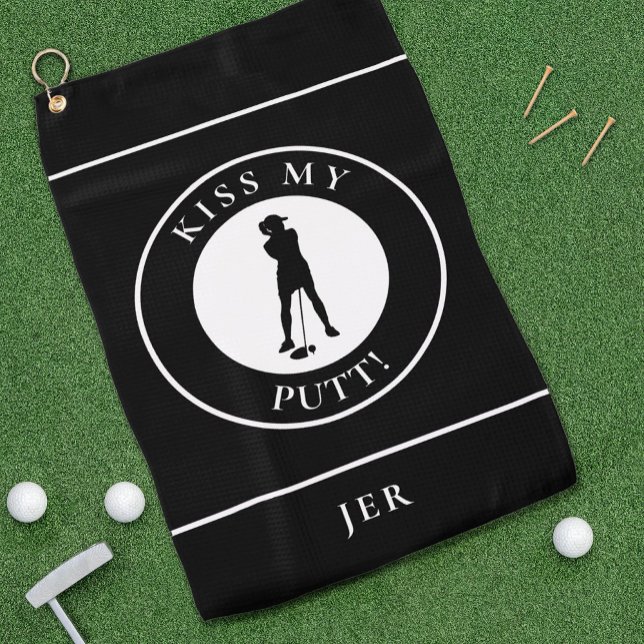 Kiss My Putt Funny Golfer Humor Silhouette Black   Golf Towel (Kiss My Putt Funny Golfer Humor Silhouette Personalized Name or Initials Black Golf Towel For Her)