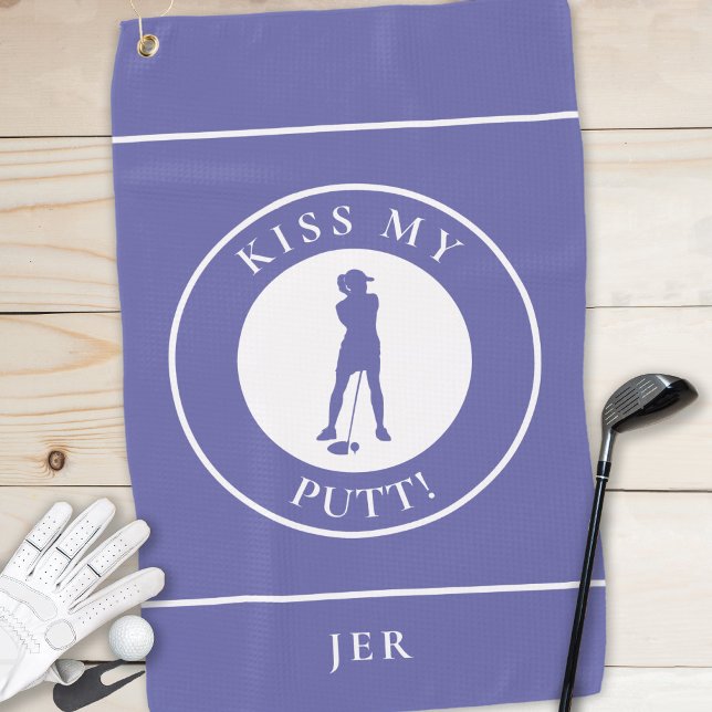 Kiss My Putt Funny Golfer Silhouette Periwinkle Golf Towel (Kiss My Putt Funny Golfer Silhouette Periwinkle Blue Custom Initials Ladies' Golf Towel)