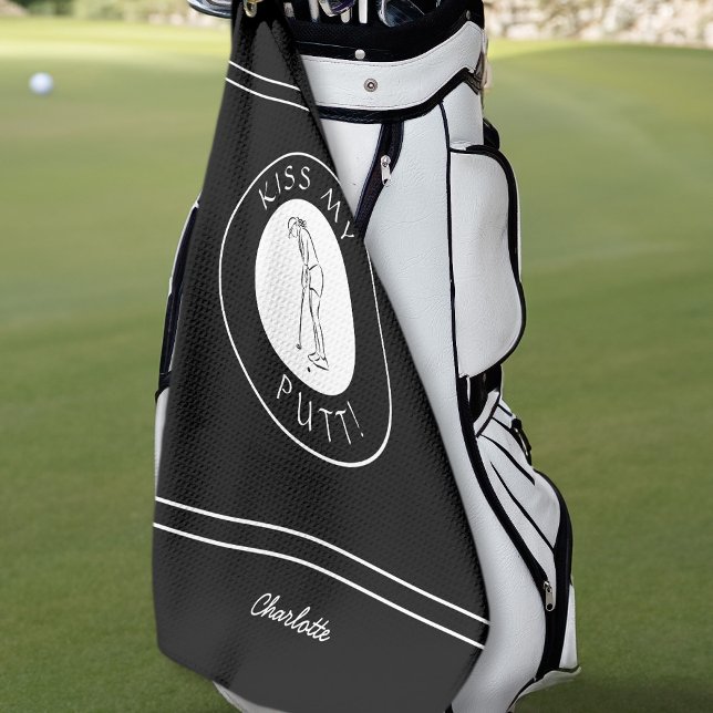 Kiss My Putt Funny Lady Golfer Sports Pro Black Golf Towel (Creator Uploaded)