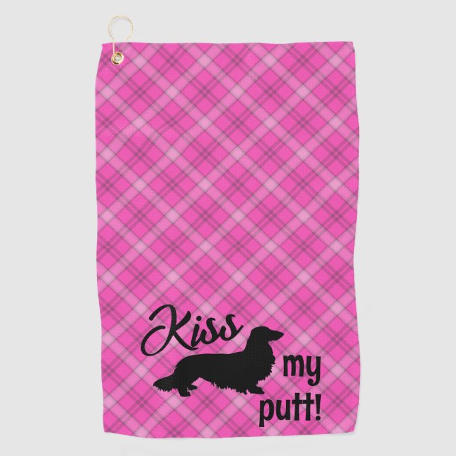 Kiss My Putt Plaid Wiener Dog Cheeky Golf Towel (Front)
