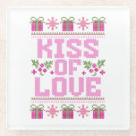Kiss of Love for Christmas Glass Coaster<br><div class="desc">Kiss of Love for Christmas, get into the holiday mood. This image depicts a pixelated rendition of the phrase "Kiss of Love, " crafted in a style reminiscent of cross-stitch embroidery. The phrase is rendered in bold, pink letters, set against a white background. The top and bottom borders of the...</div>