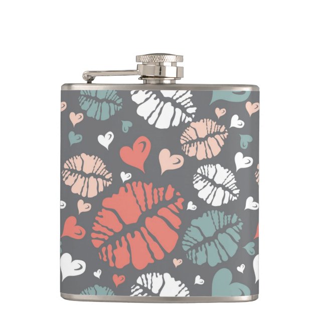 Kiss Print And Heart Pattern Hip Flask (Front)