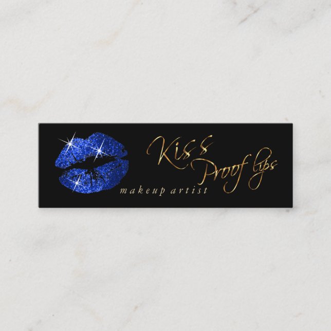 Kiss Proof Lips 2 - Blue Glitter on Black Mini Business Card (Front)