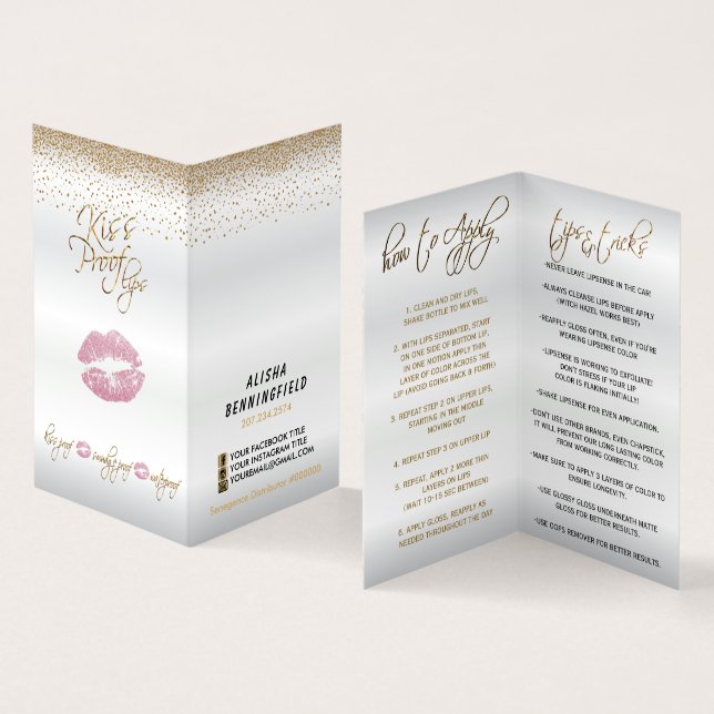 Kiss Proof Pink Lips and Gold Lip Instructions Business Card (Inside and Outside)