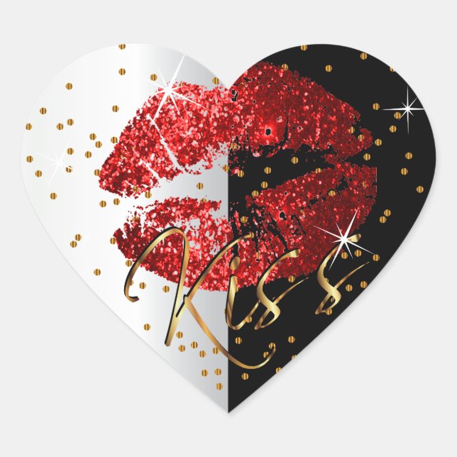 Kiss Red and Gold Glitter Lips Heart Sticker (Front)
