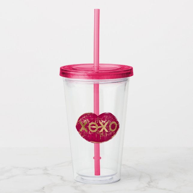 Kiss Red Lips Gold Glitter XOXO Acrylic Tumbler (Front)