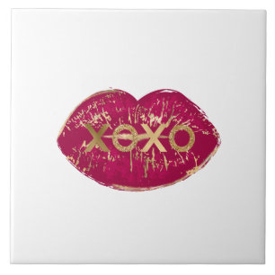 Kiss Red Lips Gold Glitter XOXO Tile