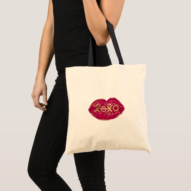 Kiss Red Lips Gold Glitter XOXO Tote Bag (Front (Product))