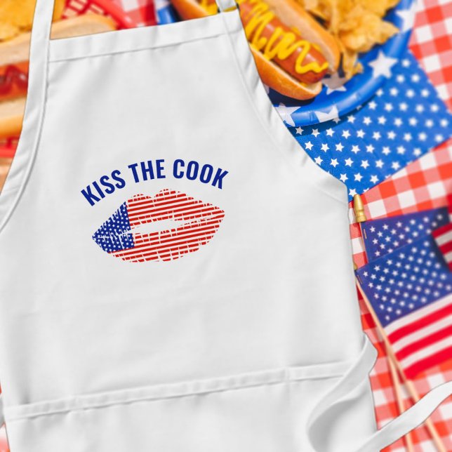 Kiss The Cook American Lips Patriotic USA Lipstick Standard Apron (Kiss the cook! A fun apron to wear at your patriotic BBQ. The cook loves kisses)