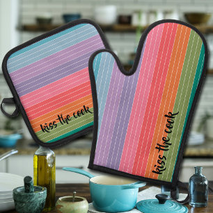 Kiss the Cook Bright Cheerful Colourful Stripes Oven Mitt & Pot Holder Set