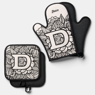 Kiss The Cook Food Chef Kitchen BBQ Baker Monogram Oven Mitt & Pot Holder Set