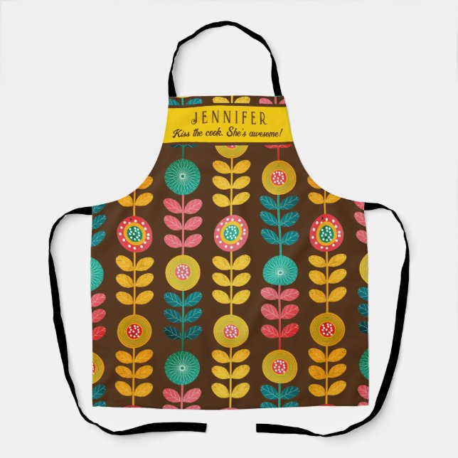 Kiss The Cook Retro Floral Pattern Personalised Apron (Front)