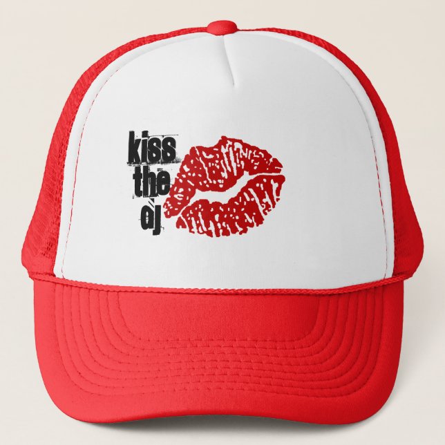 KISS THE DJ RED/WHITE TRUCKER TRUCKER HAT (Front)