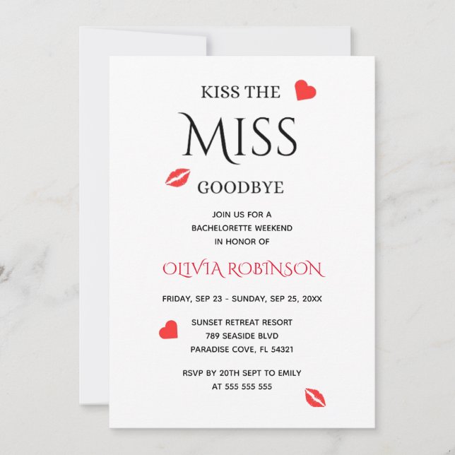 Kiss the Miss Goodbye Bachelorette Weekend  Invitation (Front)