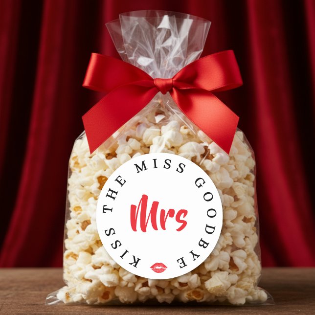 Kiss the Miss Goodbye Mrs Bachelorette Party Classic Round Sticker (Creator Uploaded)