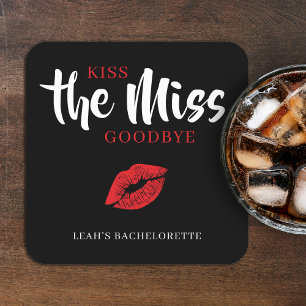 Kiss the Miss Goodbye Red Lip Bachelorette Party Square Paper Coaster
