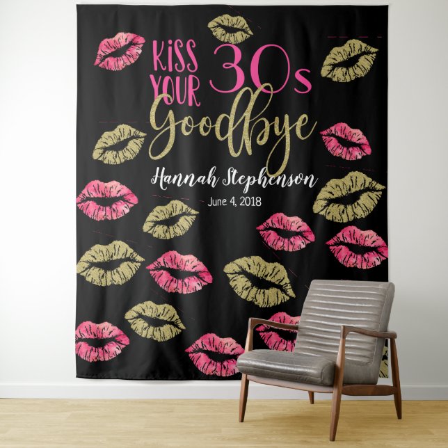 kiss your 30's goodbye photo prop virtual party tapestry (In Situ)