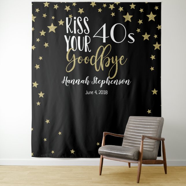 kiss your 40's goodbye photo prop virtual party tapestry (In Situ)