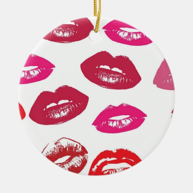 Kissable Lips (Kissing Lips, Red & Pink Lipstick) Ceramic Tree Decoration (Front)
