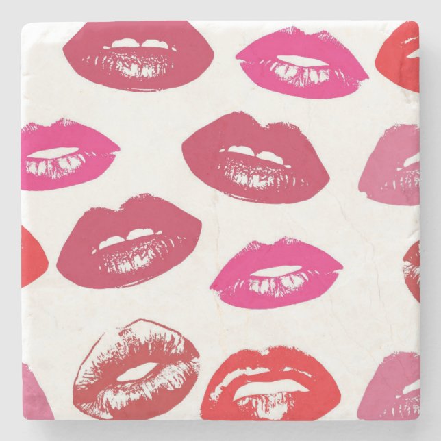 Kissable Lips (Kissing Lips, Red & Pink Lipstick) Stone Coaster (Front)